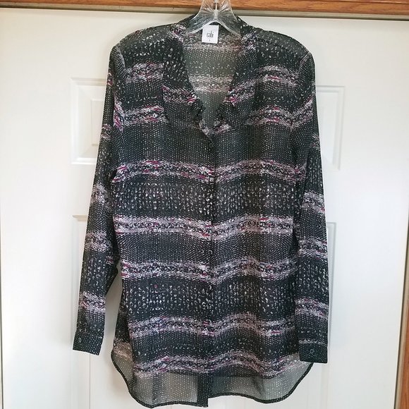 CAbi Women's Black Pink Semi Sheer Striped Button Down Shirt Top Blouse - Picture 1 of 12